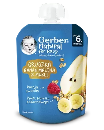 Gerber pear banana and raspberry puree pouch
